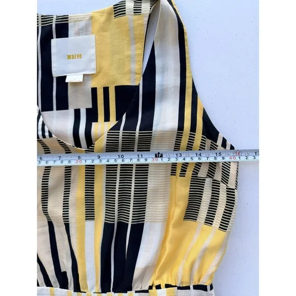 Anthropologie Maeve Silk Yellow Black Geometric Midi Dress 0 Pockets Mod - Picture 6 of 9